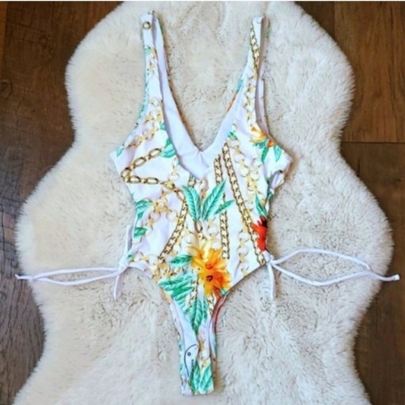 New Floral Print Side Lace Thong Back One-piece Bikini Swimsuit Size L - Picture 6 of 6